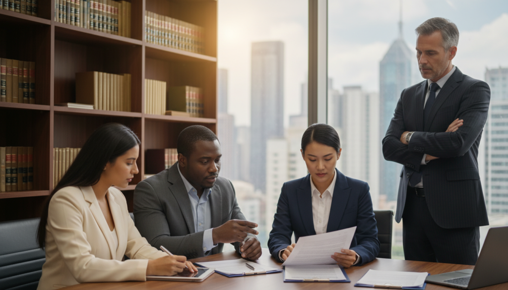 A professional lawyer's office setting, featuring a diverse group of well-dressed legal professionals engaged in a discussion about state contracting. In the foreground, a confident female lawyer in a tailored business suit reviews a contract with focused intensity. In the middle ground, a male lawyer gestures thoughtfully, pointing to key clauses, while a third colleague takes notes on a digital tablet. The background shows shelves filled with legal books and a large window offering a view of a modern city. Soft, natural lighting pours in from the window, creating a bright and professional atmosphere. The scene conveys collaboration, expertise, and a strong focus on administrative law and state contracting, emphasizing a specialized approach in legal defense.