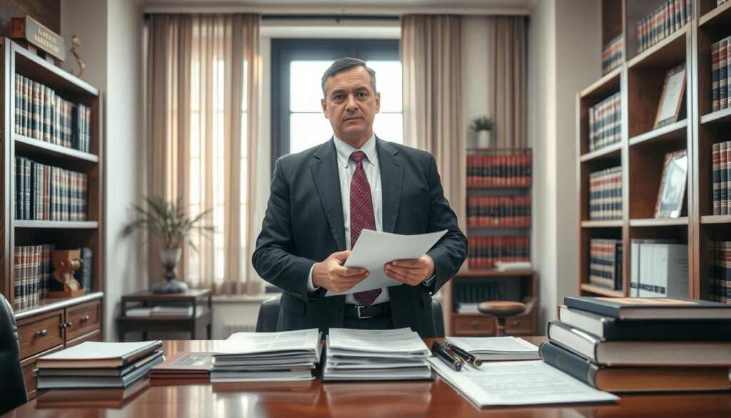 A professional lawyer's office, showcasing a confident lawyer presenting a strong defense strategy for sanction proceedings. In the foreground, the lawyer, a middle-aged Hispanic man in a tailored dark suit, stands beside a wooden desk overflowing with legal documents and law books. The middle ground features a large window allowing soft, natural light to illuminate the scene. In the background, shelves filled with legal texts and awards reflect dedication to the field. The atmosphere is serious yet hopeful, emphasizing the importance of skilled legal representation. The image has a balanced composition, and is captured with a slight depth of field to keep the viewer’s focus on the lawyer and his materials, conveying professionalism and expertise.