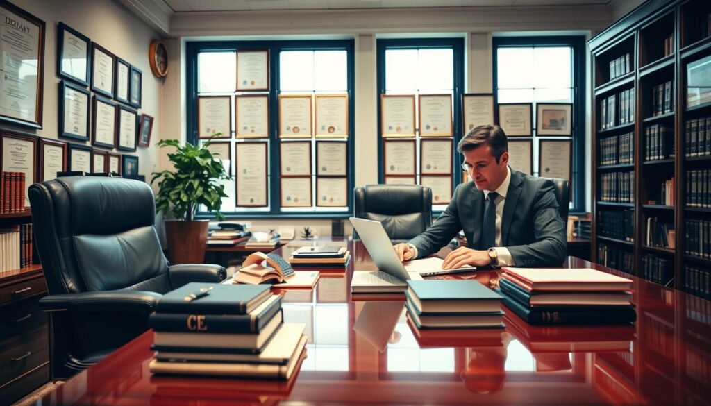 A professional lawyer's office showcasing a well-dressed attorney engaged in continuous study. In the foreground, depict the lawyer seated at a polished mahogany desk, surrounded by law books and a laptop, absorbed in research. In the middle ground, feature a wall lined with diplomas and certificates, symbolizing ongoing education and expertise in legal matters. The background shows large windows with soft natural light filtering through, illuminating the room and creating an inviting atmosphere. Use a warm color palette to convey professionalism and dedication. The scene should evoke a sense of trust, expertise, and commitment to continuous improvement in the legal field, captured from a slightly elevated angle to emphasize the organized workspace. A professional lawyer's office showcasing a well-dressed attorney engaged in continuous study. In the foreground, depict the lawyer seated at a polished mahogany desk, surrounded by law books and a laptop, absorbed in research. In the middle ground, feature a wall lined with diplomas and certificates, symbolizing ongoing education and expertise in legal matters. The background shows large windows with soft natural light filtering through, illuminating the room and creating an inviting atmosphere. Use a warm color palette to convey professionalism and dedication. The scene should evoke a sense of trust, expertise, and commitment to continuous improvement in the legal field, captured from a slightly elevated angle to emphasize the organized workspace.