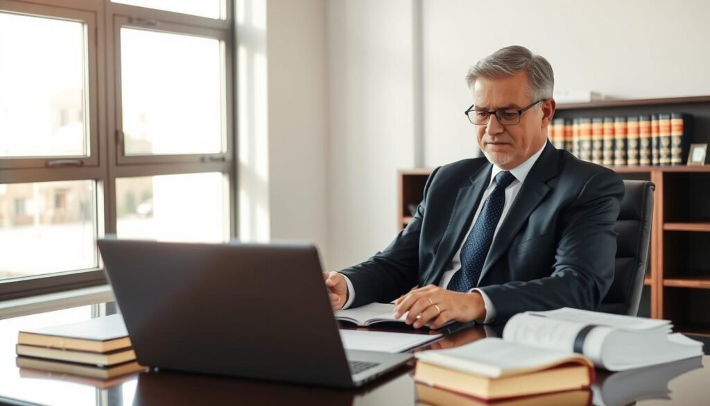 A professional legal advisor seated at a sleek, modern desk, reviewing documents with a look of concentration. In the foreground, a well-organized desk with a laptop, legal books, and a notepad filled with notes. In the middle background, a large window allowing natural light to fill the room, casting soft shadows and creating a warm, inviting atmosphere. A bookshelf lined with legal texts and certifications visible behind the advisor, symbolizing expertise. The advisor is a middle-aged individual in a smart business suit, exuding confidence and professionalism, engaged in a deep thought process. The scene captures the essence of the importance of professional legal advice, conveying trust, clarity, and a supportive environment. A professional legal advisor seated at a sleek, modern desk, reviewing documents with a look of concentration. In the foreground, a well-organized desk with a laptop, legal books, and a notepad filled with notes. In the middle background, a large window allowing natural light to fill the room, casting soft shadows and creating a warm, inviting atmosphere. A bookshelf lined with legal texts and certifications visible behind the advisor, symbolizing expertise. The advisor is a middle-aged individual in a smart business suit, exuding confidence and professionalism, engaged in a deep thought process. The scene captures the essence of the importance of professional legal advice, conveying trust, clarity, and a supportive environment.