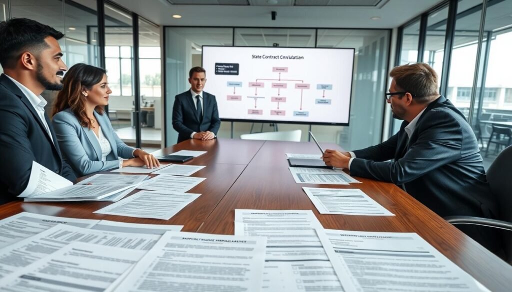 A professional legal analysis setting, featuring a diverse group of four business professionals dressed in formal attire, engaged in a deep discussion around a large conference table. In the foreground, detailed documents showcasing complex legal jargon are strewn across the table, including graphs and checklists related to state contract annulment grounds. In the middle distance, a large digital screen displays a visual flowchart of causative factors leading to contract nullity. The background features a modern office with glass walls, allowing natural light to illuminate the scene, casting subtle shadows. The atmosphere is serious yet collaborative, with a focus on intellectual engagement and legal strategy. The camera angle should be slightly above eye level, capturing both the discussion and visual aids effectively. A professional legal analysis setting, featuring a diverse group of four business professionals dressed in formal attire, engaged in a deep discussion around a large conference table. In the foreground, detailed documents showcasing complex legal jargon are strewn across the table, including graphs and checklists related to state contract annulment grounds. In the middle distance, a large digital screen displays a visual flowchart of causative factors leading to contract nullity. The background features a modern office with glass walls, allowing natural light to illuminate the scene, casting subtle shadows. The atmosphere is serious yet collaborative, with a focus on intellectual engagement and legal strategy. The camera angle should be slightly above eye level, capturing both the discussion and visual aids effectively.
