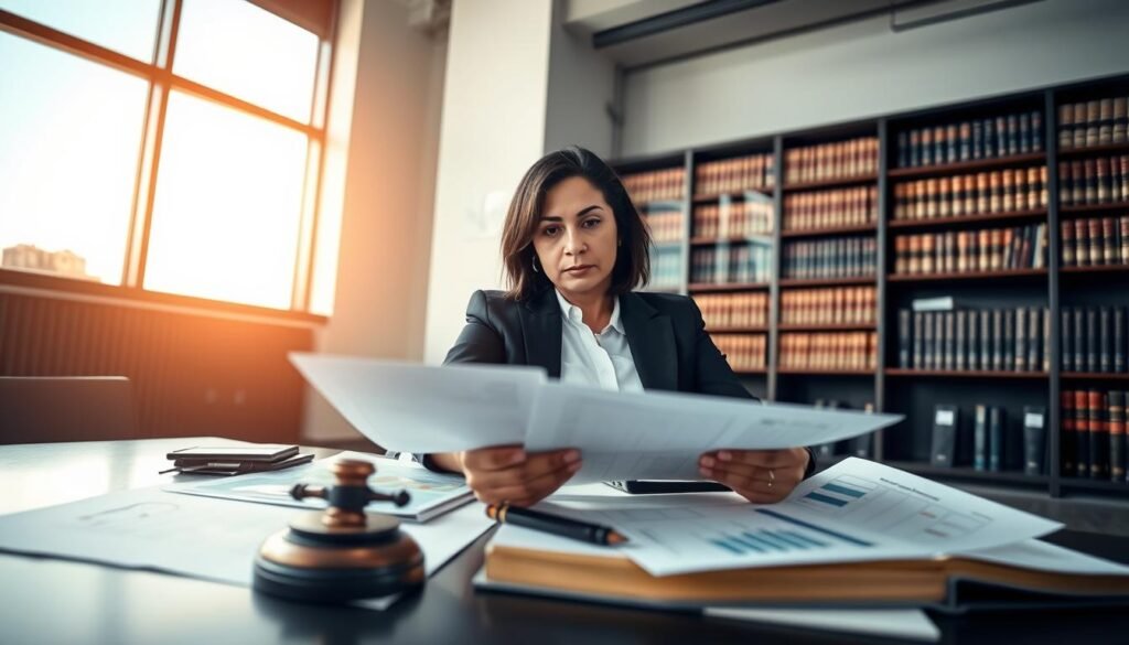 A professional legal consultant in a sleek office environment, dressed in formal business attire, reviews legal documents concerning contract law. In the foreground, papers and digital devices display complex legal charts and graphs. The consultant, a middle-aged Hispanic woman, looks focused and determined, emphasizing her expertise in legal defense. In the middle ground, a law library filled with books on public contracting law is visible, symbolizing knowledge and authority. In the background, large windows let in warm, natural light, illuminating the room and creating a productive atmosphere. The overall mood is serious yet confident, reflecting the importance of legal defense in public contracting. The perspective is taken at eye level, providing an engaging view into the workspace of a legal advisor.