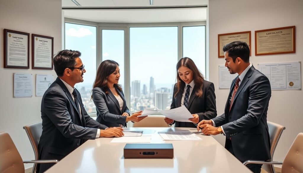 A professional legal office setting illustrating the concept of "leyes contratación estatal Colombia." In the foreground, a diverse group of three legal professionals in business attire—two men and one woman—are engaged in a discussion, examining documents on a modern conference table. The middle ground features a large window letting in bright, natural light, showcasing a skyline of Bogotá, Colombia. On the walls, framed legal certificates and charts related to state contracting laws add context. The atmosphere conveys a sense of seriousness and collaboration, emphasizing the importance of specialized legal advice in public contracting. The image should be well-lit, with a clean, modern aesthetic, captured with a slight depth of field to focus on the professionals while still hinting at the regulatory context in the background.
