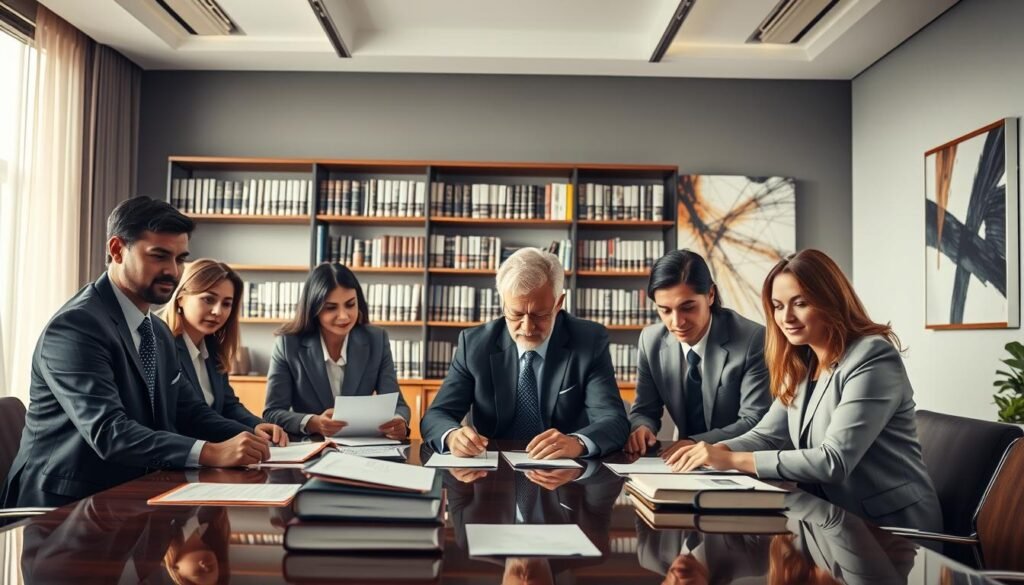A professional legal office setting, portraying themes of ethics and excellence in administrative law. In the foreground, a diverse group of lawyers in professional business attire collaborates over documents on a polished conference table, showcasing expressions of focus and determination. In the middle, shelves filled with law books and legal resources, symbolizing knowledge and expertise, brightly illuminated by soft, natural light filtering through large windows, which casts a warm glow. The background features a modern office with abstract legal art on the walls, enhancing the air of professionalism. The mood is serious yet inspiring, reflecting the dedication to ethical practice and excellence in legal consultancy. Use a wide lens to create depth, emphasizing the collaborative atmosphere.