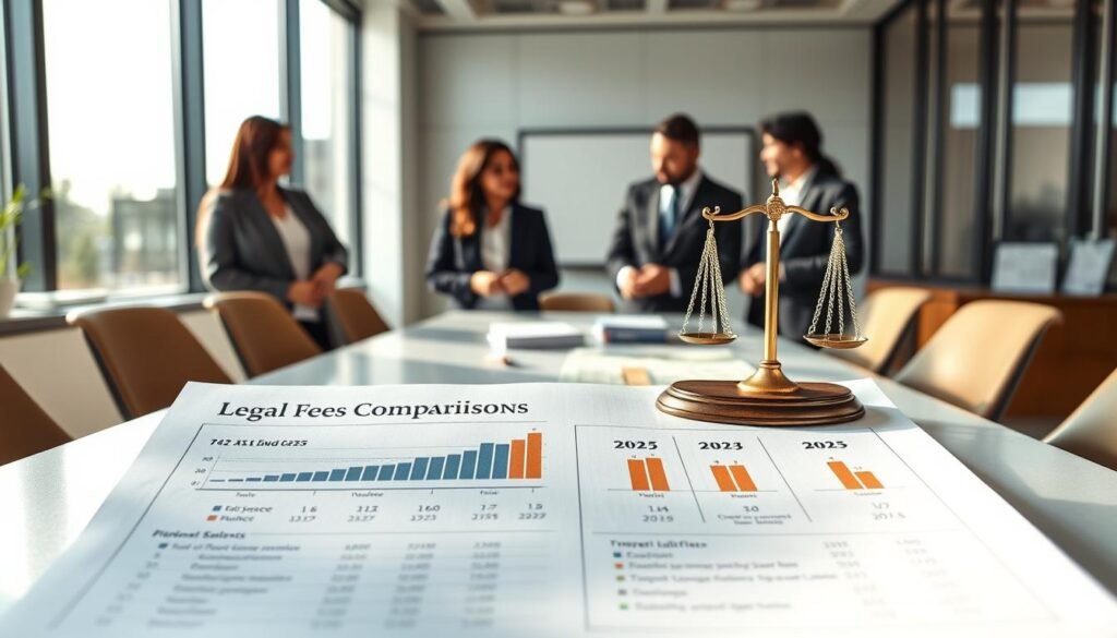 A professional legal office setting showcasing a comparison of legal fees for 2024 and 2025. In the foreground, a large, well-organized document labeled "Legal Fees Comparisons" with charts and graphs visualizing the difference in rates over the two years. In the middle ground, a modern conference table with scales of justice and legal books. Professionals in business attire, a diverse group of three discussing the documents, conveying collaboration and expertise. The background features large windows allowing natural light to illuminate the room, creating a bright and inviting atmosphere. Soft shadows and a clear focus on the documents emphasize the thorough analysis of legal fees. The mood is serious yet optimistic, reflecting the ongoing evolution in legal practices.