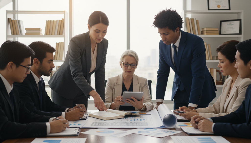 A professional legal setting depicting a diverse group of lawyers engaged in a strategy meeting about administrative law defenses. In the foreground, a confident female lawyer in a tailored suit points to a legal document on a wooden table. The diverse team of professionals, including a tall male lawyer and a middle-aged female lawyer, are seated, studying a large blueprint of a state building with charts and graphs around them. In the background, large windows allow natural light to pour in, highlighting a modern office filled with bookshelves and legal books. The atmosphere should convey urgency and determination, captured with a medium shot using a 35mm lens, soft lighting to enhance focus on their expressions of concentration and collaboration.