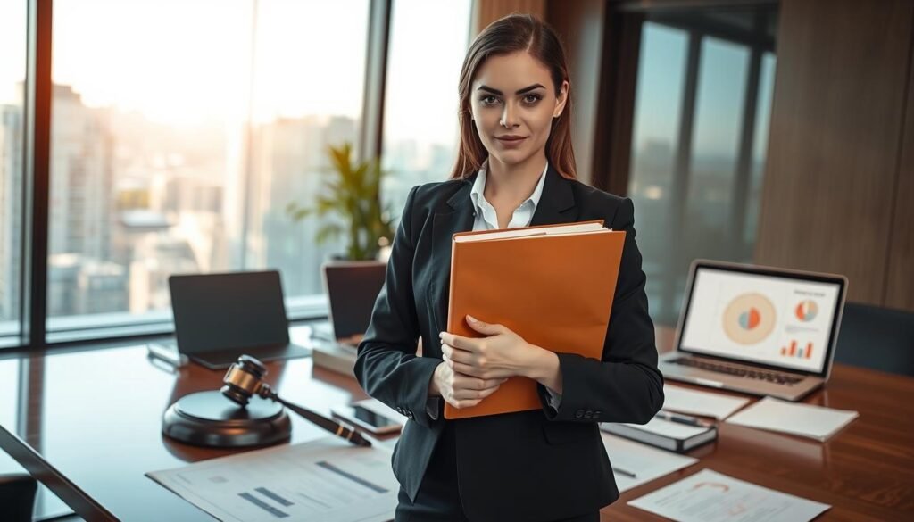A professional legal setting emphasizing the concept of a strong defense in sanction processes. In the foreground, a confidently poised female lawyer in a smart business suit, holding a legal file, with a focused expression. In the middle ground, a table cluttered with legal documents, a gavel, and a laptop displaying graphs related to legal strategies. In the background, a sleek modern law office with floor-to-ceiling windows revealing a city skyline, bathed in warm, natural light, creating an atmosphere of authority and competence. The composition should emphasize clarity, professionalism, and the intricacies of legal defense, captured with a shallow depth of field.