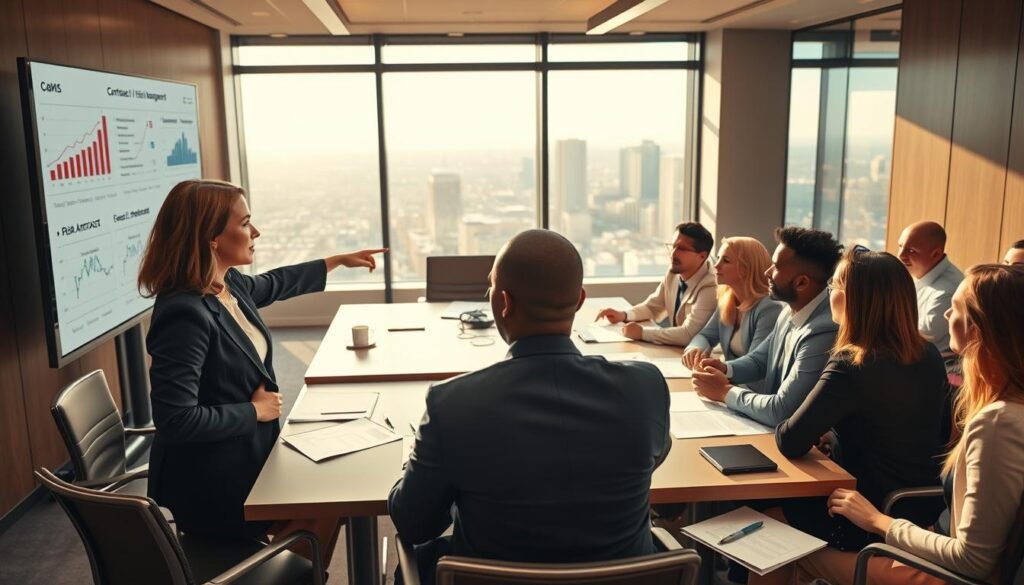 A professional meeting room filled with diverse professionals engaged in a discussion about "contractual risk management". In the foreground, a female lawyer in a smart business suit points at a large screen displaying graphs and charts related to risk assessments. In the middle, a table laden with legal documents, contract drafts, and risk analysis reports, surrounded by individuals deep in conversation. The background features a large window with cityscape views, sunlight streaming in to create a bright, focused atmosphere. The lighting is warm and inviting with a hint of urgency. The overall mood is one of collaboration and strategic planning, emphasizing the importance of effective legal management in government contracts.