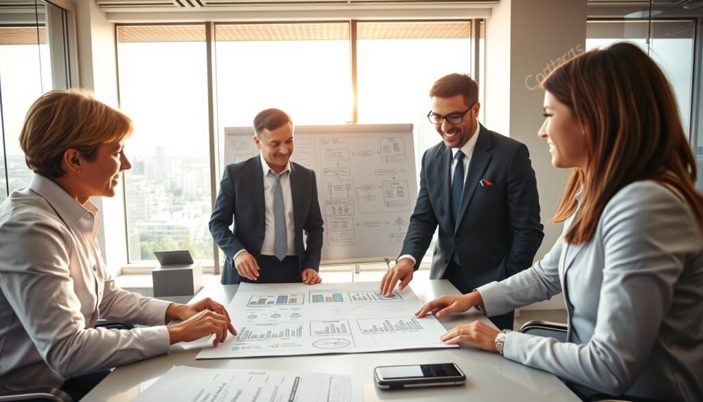 A professional meeting setting focusing on contractual execution strategies. In the foreground, a diverse group of three business professionals, dressed in business attire, engaged in a discussion, pointing at a large document on a table filled with charts and graphs. The middle scene showcases a whiteboard with strategic plans and flowcharts sketched out, symbolizing the challenges and strategies in contract management. In the background, a bright office environment with large windows allowing natural light to flood in, highlighting a cityscape. The atmosphere is dynamic and serious, with a sense of collaboration and problem-solving. The lighting is warm and inviting, providing an optimistic tone to the scene.