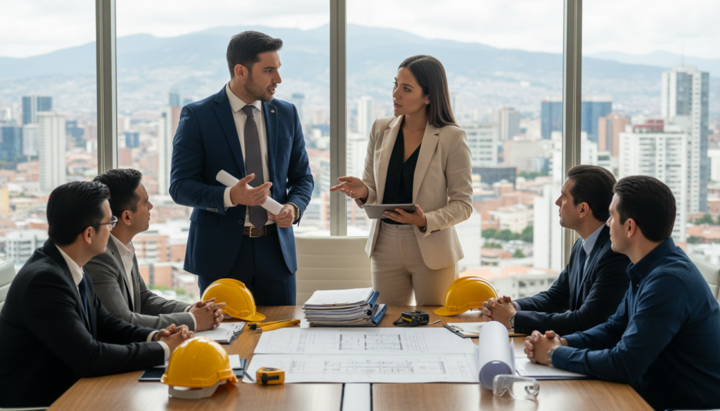 A professional meeting setting showcasing a group of diverse individuals engaged in contract discussions. In the foreground, a male lawyer in a well-fitted suit, holding a contract, stands confidently while explaining key points. Beside him, a female construction manager in smart casual attire reviews plans on a tablet. In the middle, a focus on a large table filled with blueprints, legal documents, and construction tools. In the background, a window reveals a cityscape of Bogotá under bright daylight, adding a sense of optimism. Soft, natural lighting illuminates the scene, creating a professional and collaborative atmosphere, while a slight depth of field blurs the background slightly, emphasizing the important discussion in the foreground.
