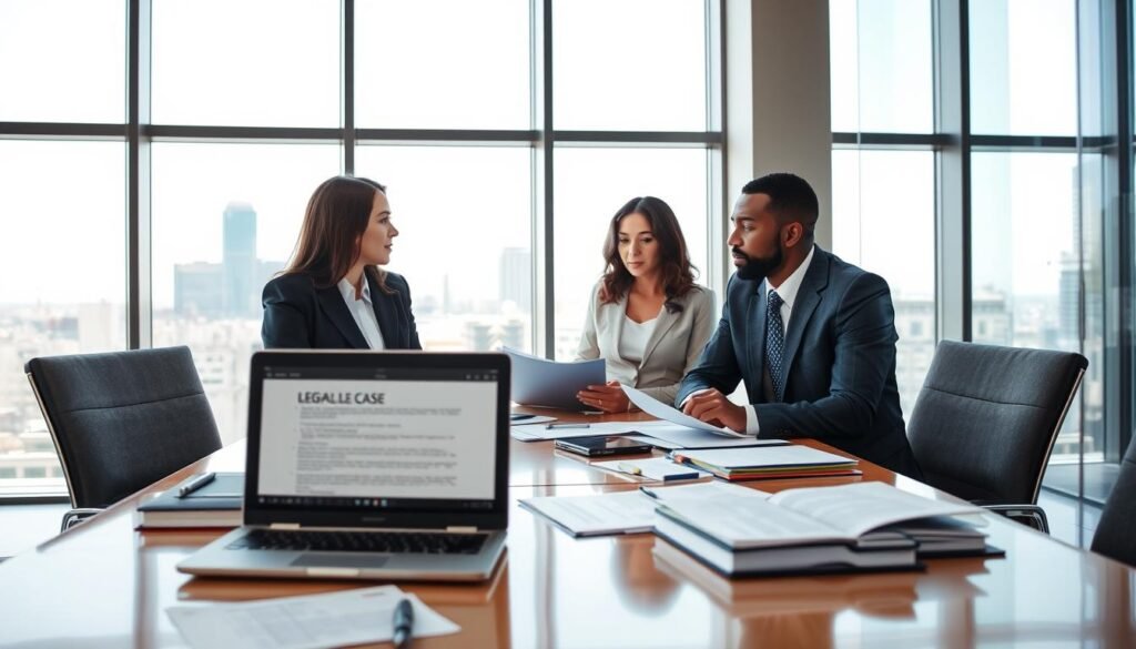 A professional negotiation scene set in a modern office environment, featuring a diverse group of three individuals engaged in a serious discussion around a conference table laden with legal documents and folders. On the table, have a laptop open displaying a legal case file. In the background, a large window reveals a cityscape, with natural light pouring in, creating an uplifting yet focused atmosphere. The characters should be dressed in smart business attire, reflecting a tone of professionalism and strategy. The image should convey a sense of collaboration and determination, with an emphasis on legal strategies, negotiations, and administrative resources in a clear, organized manner. Use a slightly elevated angle to capture the intensity of the discussion.