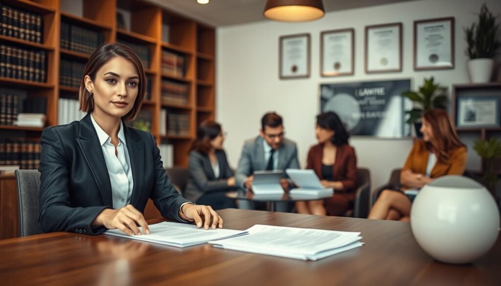 A professional office environment conveying "integral strategy and personalized attention." In the foreground, a confident, well-dressed female lawyer, wearing a tailored suit, is sitting at a sleek wooden desk, reviewing documents with a thoughtful expression. In the middle ground, a diverse group of clients engaged in a focused discussion, showcasing a collaborative atmosphere. The background features modern office decor, including bookshelves filled with law books and framed certificates on the walls, indicating expertise and professionalism. Soft, warm lighting enhances the inviting tone of the scene, creating a mood of trust and reassurance. The camera angle is slightly tilted to emphasize the interaction among the individuals, ensuring a feeling of connection and engagement within the professional context. A professional office environment conveying "integral strategy and personalized attention." In the foreground, a confident, well-dressed female lawyer, wearing a tailored suit, is sitting at a sleek wooden desk, reviewing documents with a thoughtful expression. In the middle ground, a diverse group of clients engaged in a focused discussion, showcasing a collaborative atmosphere. The background features modern office decor, including bookshelves filled with law books and framed certificates on the walls, indicating expertise and professionalism. Soft, warm lighting enhances the inviting tone of the scene, creating a mood of trust and reassurance. The camera angle is slightly tilted to emphasize the interaction among the individuals, ensuring a feeling of connection and engagement within the professional context.