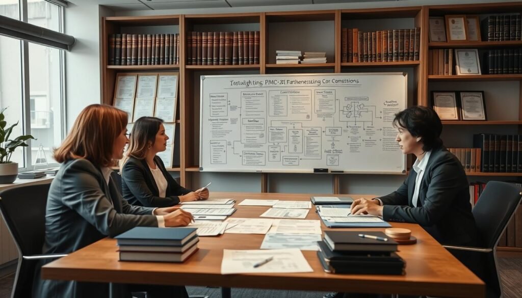 A professional office environment depicting legal compliance in administrative law. In the foreground, a diverse group of three professionals in business attire are engaged in a detailed discussion around a large table, with legal documents, compliance checklists, and charts spread out. The middle layer features a whiteboard filled with flowcharts and regulations pertinent to public-private partnerships and concessions. In the background, shelves filled with law books and certificates create a scholarly atmosphere. Soft, diffused lighting enhances a serious, focused mood, and the image is taken from a slight angle to provide depth. The color palette consists of muted tones to emphasize professionalism and diligence.