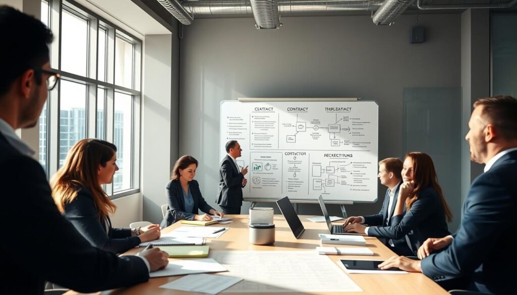 A professional office environment depicting strategic management in contract implementation. In the foreground, a diverse group of professionals, dressed in business attire, actively engaging in a discussion around a large conference table filled with documents, charts, and laptops. In the middle ground, detailed visuals of a whiteboard filled with flowcharts, bullet points, and diagrams about contract strategies. In the background, large windows allowing natural light to filter in, casting gentle shadows that create a dynamic atmosphere. The scene conveys focus and collaboration, with an emphasis on professionalism and strategic planning. The composition is sharp and well-lit, emphasizing the seriousness of contractual execution strategies. A professional office environment depicting strategic management in contract implementation. In the foreground, a diverse group of professionals, dressed in business attire, actively engaging in a discussion around a large conference table filled with documents, charts, and laptops. In the middle ground, detailed visuals of a whiteboard filled with flowcharts, bullet points, and diagrams about contract strategies. In the background, large windows allowing natural light to filter in, casting gentle shadows that create a dynamic atmosphere. The scene conveys focus and collaboration, with an emphasis on professionalism and strategic planning. The composition is sharp and well-lit, emphasizing the seriousness of contractual execution strategies.