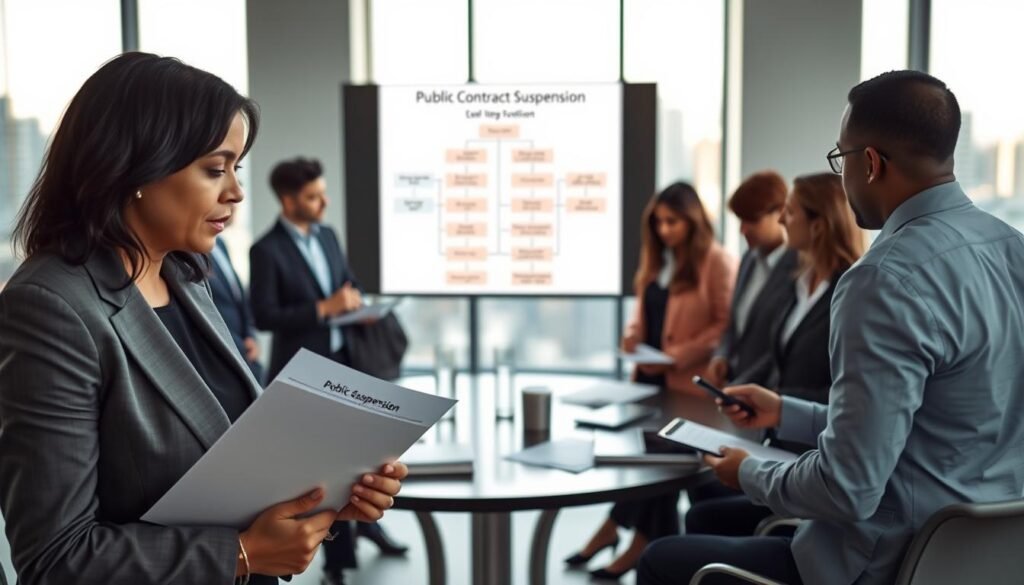 A professional office environment featuring a diverse group of business professionals engaged in a legal discussion about public contract suspension. In the foreground, a middle-aged Hispanic woman in a sharp business suit holds a document, gesturing towards a large screen displaying a flowchart of the legal procedure for contract suspension. The middle layer includes a round table surrounded by attentive colleagues in professional attire, analyzing papers and digital devices. In the background, a large window reveals a cityscape bathed in soft natural light. The atmosphere is serious yet collaborative, with soft lighting creating a focused ambiance, and a subtle depth of field emphasizing the engaged participants. A professional office environment featuring a diverse group of business professionals engaged in a legal discussion about public contract suspension. In the foreground, a middle-aged Hispanic woman in a sharp business suit holds a document, gesturing towards a large screen displaying a flowchart of the legal procedure for contract suspension. The middle layer includes a round table surrounded by attentive colleagues in professional attire, analyzing papers and digital devices. In the background, a large window reveals a cityscape bathed in soft natural light. The atmosphere is serious yet collaborative, with soft lighting creating a focused ambiance, and a subtle depth of field emphasizing the engaged participants.