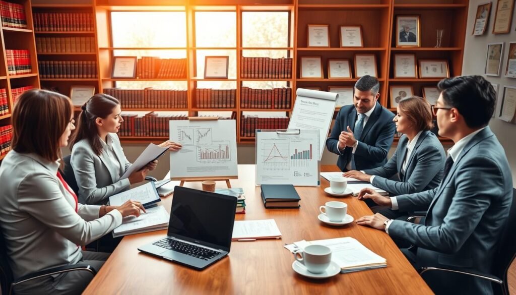 A professional office environment focused on "juridical foundations of responses to observations." In the foreground, a diverse group of four individuals in formal business attire, engaged in a discussion around a large wooden conference table. They are analyzing documents and relevant legal texts, gesturing towards charts and bullet points on a whiteboard. In the middle, a well-organized desk with legal books, a laptop displaying charts and data, and coffee cups, symbolizing a serious yet collaborative atmosphere. The background features shelves filled with law books and framed legal certificates, bathed in warm, natural light from large windows, creating an inviting and intellectual mood. The image conveys a sense of professionalism, focus, and diligence, perfect for illustrating legal discourse.