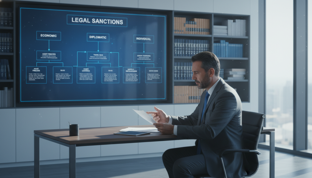 A professional office environment focused on legal sanctions. In the foreground, a well-dressed businessperson, a middle-aged Hispanic man in a suit, sits at a modern desk, reviewing documents with a serious expression, symbolizing the analysis of legal penalties. In the middle ground, a large digital screen displays a flowchart categorizing sanctions into various legal types, highlighting distinctions in nature and implications. The background features sleek bookshelves filled with law books, and a large window allowing soft, natural light to flood the room, creating a focused yet inviting atmosphere. The color palette should consist of blues and grays, conveying professionalism and seriousness. The angle is slightly from the side, capturing the subject's engaged expression while maintaining the context of the office environment.