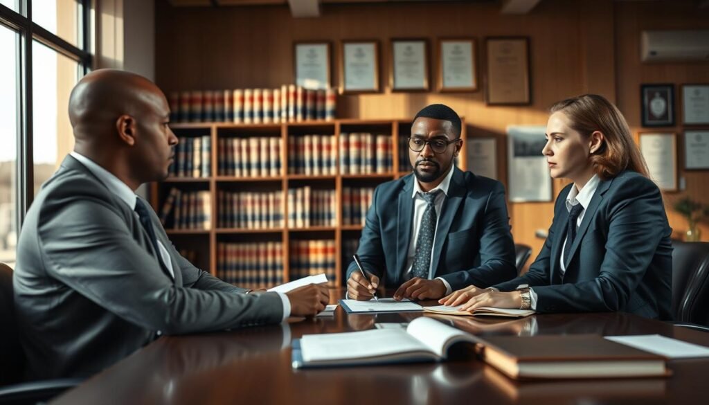 A professional office environment focusing on specialists in sanction processes. In the foreground, a diverse group of three expertly dressed lawyers are engaged in a serious discussion around a large conference table, surrounded by legal books and documents. One of them holds a pen, jotting down notes. The middle ground showcases shelves filled with law books and certifications on the wall, indicating their expertise. In the background, large windows allow natural light to flood the room, casting soft shadows. The mood is focused and professional, reflecting a sense of diligence and commitment to legal processes. The scene is captured with a slight tilt-shift lens effect, emphasizing the main subjects while softly blurring the background for depth. Warm lighting creates an inviting yet serious atmosphere.