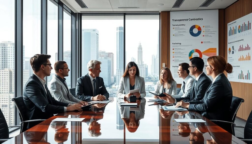 A professional office environment illustrating the theme of transparency and moral integrity in public administration. In the foreground, a diverse group of business professionals in formal attire are engaged in serious discussion at a polished conference table, surrounded by documents and digital devices. The middle layer features a large glass window revealing a cityscape, symbolizing open governance. Light filters in, creating a bright, uplifting atmosphere with reflections playing on the table surface. The background consists of colorful infographics and charts on transparency displayed on walls, reinforcing the concepts of ethical public service. The mood is focused and collaborative, emphasizing the importance of integrity in public contracts. Capture the image from a slightly elevated angle to provide a comprehensive view of the interaction. A professional office environment illustrating the theme of transparency and moral integrity in public administration. In the foreground, a diverse group of business professionals in formal attire are engaged in serious discussion at a polished conference table, surrounded by documents and digital devices. The middle layer features a large glass window revealing a cityscape, symbolizing open governance. Light filters in, creating a bright, uplifting atmosphere with reflections playing on the table surface. The background consists of colorful infographics and charts on transparency displayed on walls, reinforcing the concepts of ethical public service. The mood is focused and collaborative, emphasizing the importance of integrity in public contracts. Capture the image from a slightly elevated angle to provide a comprehensive view of the interaction.