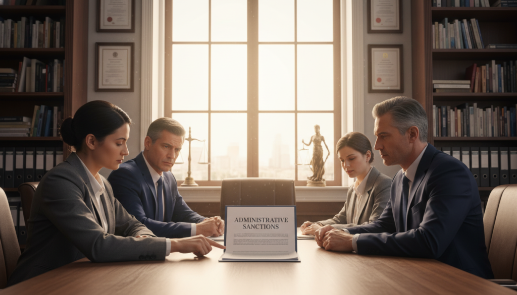 A professional office interior featuring a diverse group of individuals engaging in a serious discussion. In the foreground, a woman in a business suit is pointing to a document labeled "Administrative Sanctions" on the table, while a man in a suit listens intently. In the middle, a large window allows warm, natural light to flood the room, creating a bright, focused atmosphere. On the walls, there are legal certificates and framed images of justice symbols, reinforcing the serious context of administrative law. The background showcases bookshelves filled with legal texts and papers, providing depth to the scene. The overall mood is one of determination and professionalism, reflecting the theme of challenging administrative sanctions in a formal setting.