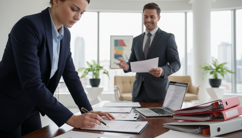 A professional office setting, capturing the essence of document verification for contracts. In the foreground, a focused businesswoman dressed in professional attire is meticulously reviewing documents on a sleek wooden desk, surrounded by a few scattered files and a modern laptop. In the middle ground, a blurred colleague, also in business attire, is standing nearby, engaging in discussion, further emphasizing teamwork. The background features a bright and airy office with large windows allowing natural light to flood in, complemented by contemporary decor, such as indoor plants and art. The atmosphere is one of diligence and professionalism, with a sense of collaboration. The scene is captured with a slight depth of field, highlighting the documents while maintaining a soft focus on the surrounding elements.