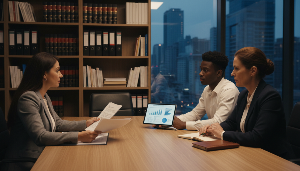 A professional office setting depicting a panel of three diverse individuals engaged in an intense discussion around a large conference table. In the foreground, a middle-aged woman of Hispanic descent is confidently presenting documents, while a young Black man takes notes attentively. A Caucasian woman in a business suit is observing thoughtfully, reviewing evidence on a digital screen displaying graphs and documents. The atmosphere is serious yet collaborative, with warm lighting casting a focus on their expressions and the documents. Background details include a well-organized bookshelf filled with legal books and a large window with city skyline views. The composition captures the essence of formal proceedings focusing on defense and evidence presentation in contractual sanctions, creating a sense of urgency and professionalism. A professional office setting depicting a panel of three diverse individuals engaged in an intense discussion around a large conference table. In the foreground, a middle-aged woman of Hispanic descent is confidently presenting documents, while a young Black man takes notes attentively. A Caucasian woman in a business suit is observing thoughtfully, reviewing evidence on a digital screen displaying graphs and documents. The atmosphere is serious yet collaborative, with warm lighting casting a focus on their expressions and the documents. Background details include a well-organized bookshelf filled with legal books and a large window with city skyline views. The composition captures the essence of formal proceedings focusing on defense and evidence presentation in contractual sanctions, creating a sense of urgency and professionalism.