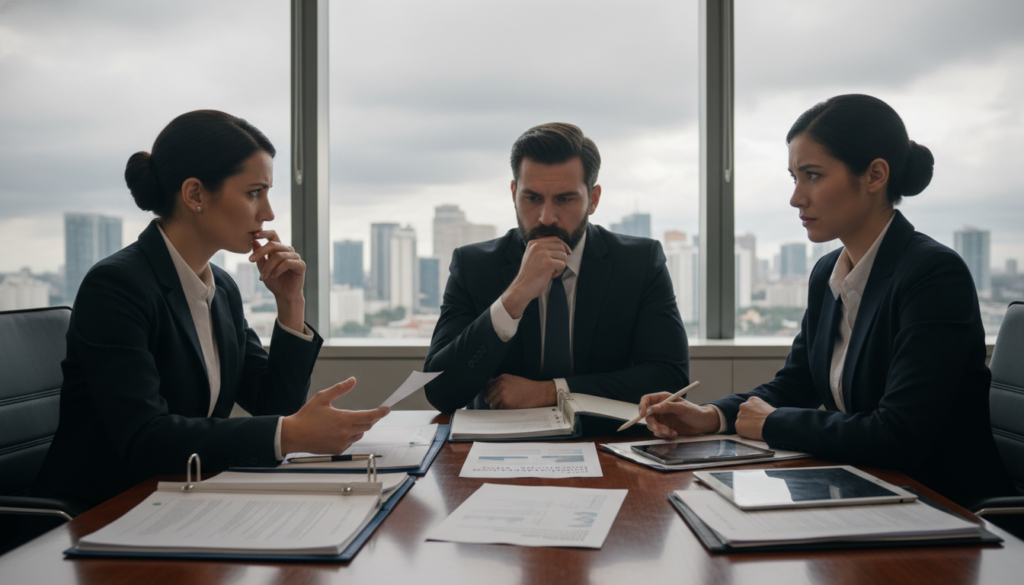 A professional office setting depicting public officials in a disciplinary context. In the foreground, a diverse group of three officials in formal business attire are engaged in a serious discussion, their expressions reflecting concern and determination. The middle ground features a sleek conference table with open files and documents about disciplinary actions. In the background, a large window reveals a cityscape, highlighting a cloudy sky that adds to the somber mood. Soft, diffused lighting casts a professional atmosphere over the scene, creating highlights and shadows that emphasize the seriousness of the conversation. The image conveys a sense of accountability and responsibility among public servants in a calm yet tense environment.