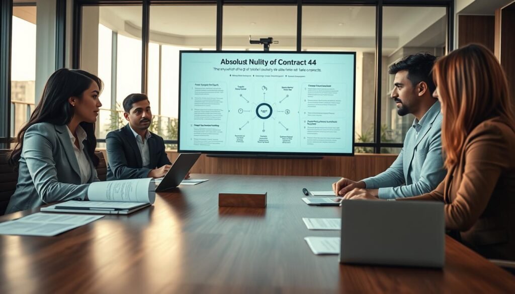 A professional office setting, depicting the interpretation of Article 44 of Law 80 regarding the absolute nullity of state contracts. In the foreground, a diverse group of three professionals—one Hispanic woman, one Black man, and one Caucasian woman—are engaged in focused discussion around a large wooden conference table, filled with legal documents and a laptop. In the middle, a large screen displays a detailed infographic illustrating key concepts of Article 44, with legal symbols and charts. The background features a modern office with glass windows letting in soft natural light, creating a calm and serious atmosphere. The image is taken from a slight angle, emphasizing collaboration and professionalism, with a warm color palette to evoke depth and clarity. A professional office setting, depicting the interpretation of Article 44 of Law 80 regarding the absolute nullity of state contracts. In the foreground, a diverse group of three professionals—one Hispanic woman, one Black man, and one Caucasian woman—are engaged in focused discussion around a large wooden conference table, filled with legal documents and a laptop. In the middle, a large screen displays a detailed infographic illustrating key concepts of Article 44, with legal symbols and charts. The background features a modern office with glass windows letting in soft natural light, creating a calm and serious atmosphere. The image is taken from a slight angle, emphasizing collaboration and professionalism, with a warm color palette to evoke depth and clarity.