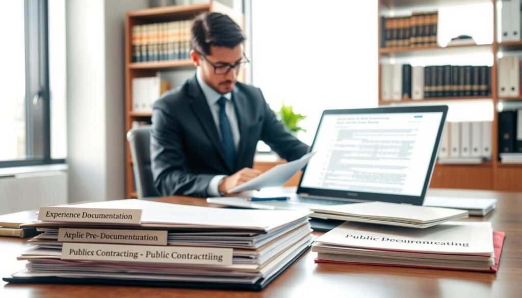 A professional office setting featuring a well-organized desk filled with essential documents related to public procurement experience accreditation. In the foreground, there are neatly arranged folders labeled with headers such as "Experience Documentation" and "Public Contracting." The mid-ground showcases a laptop displaying a spreadsheet and relevant legal documents, illuminated by soft, natural light coming through a large window. A focused business professional, dressed in smart business attire, is reviewing the documents intently, exuding a sense of diligence and professionalism. The background features shelves filled with books on public policy and legal frameworks, creating an atmosphere of expertise and authority. Overall, the scene conveys a mood of preparation and seriousness, ideal for navigating public contracting requirements.