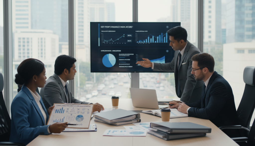 A professional office setting focused on compliance management, featuring a group of three diverse individuals in business attire, analyzing insurance policies and guarantee documents. In the foreground, one person holds a clipboard with detailed charts and diagrams about compliance management, while another points to a large screen displaying key performance indicators. The middle ground showcases a modern conference table cluttered with files, a laptop, and legal documents. In the background, floor-to-ceiling windows reveal a bustling cityscape, casting natural light into the room. The overall atmosphere conveys a sense of teamwork, professionalism, and meticulous attention to detail, with a calm and focused ambiance, highlighted by soft, even lighting to enhance clarity.
