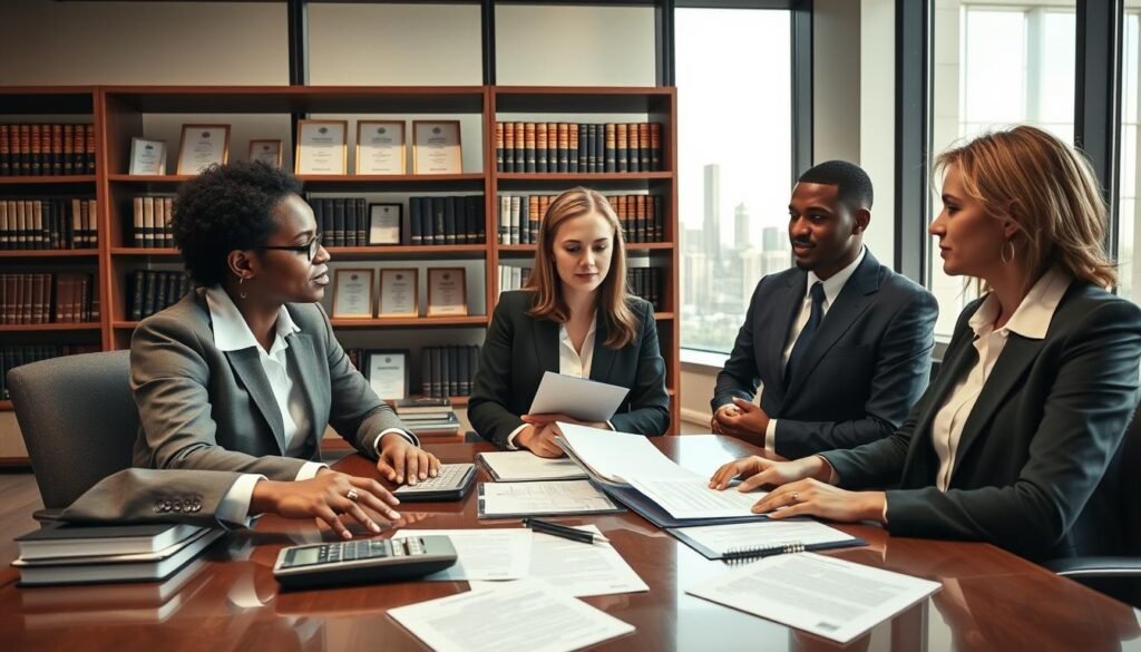 A professional office setting, illustrating factors influencing lawyer fee determination. In the foreground, a diverse group of three lawyers in smart business attire are discussing, with a calculator, legal documents, and a laptop on their desk, symbolizing negotiation and calculation. In the middle, shelves filled with legal books and certificates create an academic atmosphere. In the background, a large window with natural light pouring in, offering a view of a cityscape, enhances the professional environment. The ambiance is serious yet collaborative, filled with soft, warm lighting to enhance focus. Use a wide-angle lens for depth, capturing the dynamic interactions and the essence of legal professionalism. The composition conveys a setting where pivotal decisions about legal fees take place, emphasizing clarity and respect.
