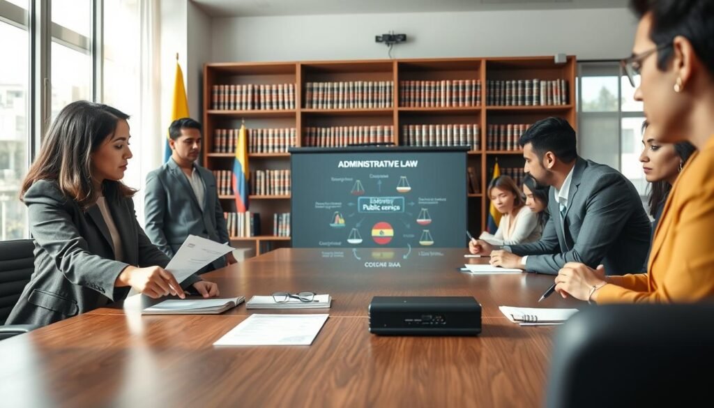 A professional office setting in Colombia, depicting a group of diverse legal professionals engaged in discussion around a large conference table. In the foreground, a woman with medium-length hair in a smart blazer points at a document. Next to her, a man in a suit takes notes. In the middle, a projector displays a visual representation of administrative law concepts, such as bureaucracy and public service. The background features a bookshelf filled with legal texts and Colombian flags. Soft natural lighting filters through large windows, creating an inviting atmosphere. The angle is slightly elevated to capture the collaborative vibe of the meeting, emphasizing the importance of administrative law within the legal framework of Colombia. A professional office setting in Colombia, depicting a group of diverse legal professionals engaged in discussion around a large conference table. In the foreground, a woman with medium-length hair in a smart blazer points at a document. Next to her, a man in a suit takes notes. In the middle, a projector displays a visual representation of administrative law concepts, such as bureaucracy and public service. The background features a bookshelf filled with legal texts and Colombian flags. Soft natural lighting filters through large windows, creating an inviting atmosphere. The angle is slightly elevated to capture the collaborative vibe of the meeting, emphasizing the importance of administrative law within the legal framework of Colombia.