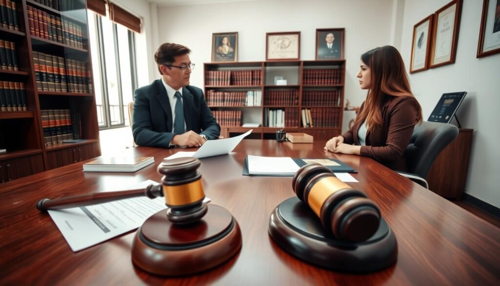A professional office setting in Colombia, featuring a wooden desk with legal documents and a gavel prominently displayed in the foreground. In the middle, a well-dressed lawyer, wearing business attire, is engaged in a thoughtful discussion with a client, who appears concerned but attentive. The background includes bookshelves filled with legal texts and framed awards on the walls, creating a scholarly atmosphere. Soft, natural light filters through a nearby window, casting gentle shadows, enhancing the serious yet approachable mood of the scene. The angle captures the interaction from slightly above, providing a comprehensive view of the attorney-client exchange, emphasizing trust and professionalism. A professional office setting in Colombia, featuring a wooden desk with legal documents and a gavel prominently displayed in the foreground. In the middle, a well-dressed lawyer, wearing business attire, is engaged in a thoughtful discussion with a client, who appears concerned but attentive. The background includes bookshelves filled with legal texts and framed awards on the walls, creating a scholarly atmosphere. Soft, natural light filters through a nearby window, casting gentle shadows, enhancing the serious yet approachable mood of the scene. The angle captures the interaction from slightly above, providing a comprehensive view of the attorney-client exchange, emphasizing trust and professionalism.