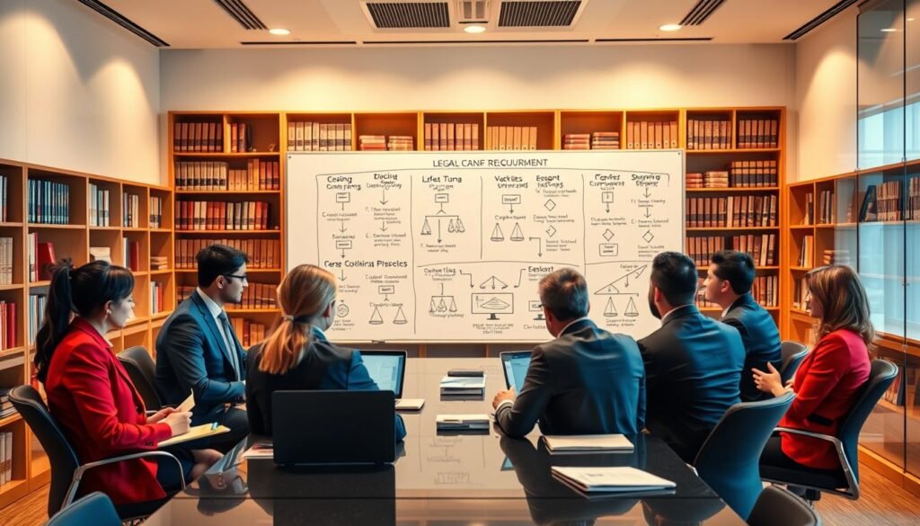 A professional office setting representing "legal framework and regulations in public procurement." In the foreground, a diverse group of business professionals in formal attire is engaged in discussion around a large conference table, complete with documents and laptops. In the middle, a large whiteboard is filled with diagrams of legal processes and compliance checks, symbolizing the complexities of public contract regulations. The background showcases shelves filled with legal books and resource materials, contributing to an academic atmosphere. Soft, warm lighting enhances the environment, creating an inviting yet serious mood, which emphasizes professionalism. The angle is slightly elevated, providing a comprehensive view of the collaborative workspace. No text or additional markings are present, maintaining focus on the subject matter.