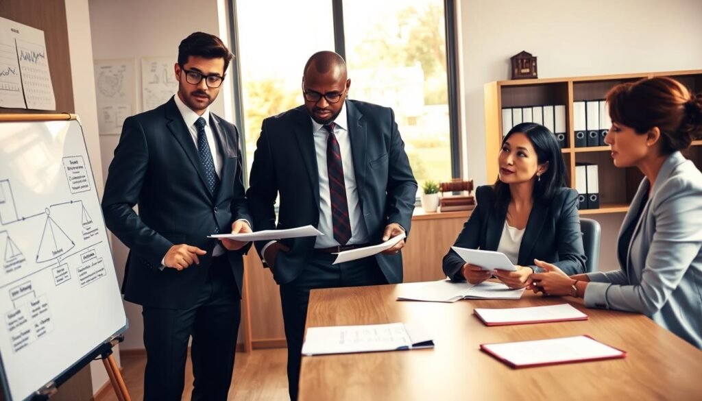 A professional office setting showcasing a diverse group of business people in professional attire engaged in a strategic discussion about administrative acts contestation. In the foreground, a confident woman points to a flowchart on a whiteboard illustrating various legal strategies. To her left, a man with glasses stands analyzing documents, while a woman seated at a table takes notes diligently. In the middle ground, a large window lets in warm natural light, illuminating the room and creating a collaborative atmosphere. Charts and legal books are visible on the shelves in the background, symbolizing a well-informed environment. The mood is focused and serious, highlighting the importance of effective litigation strategies.