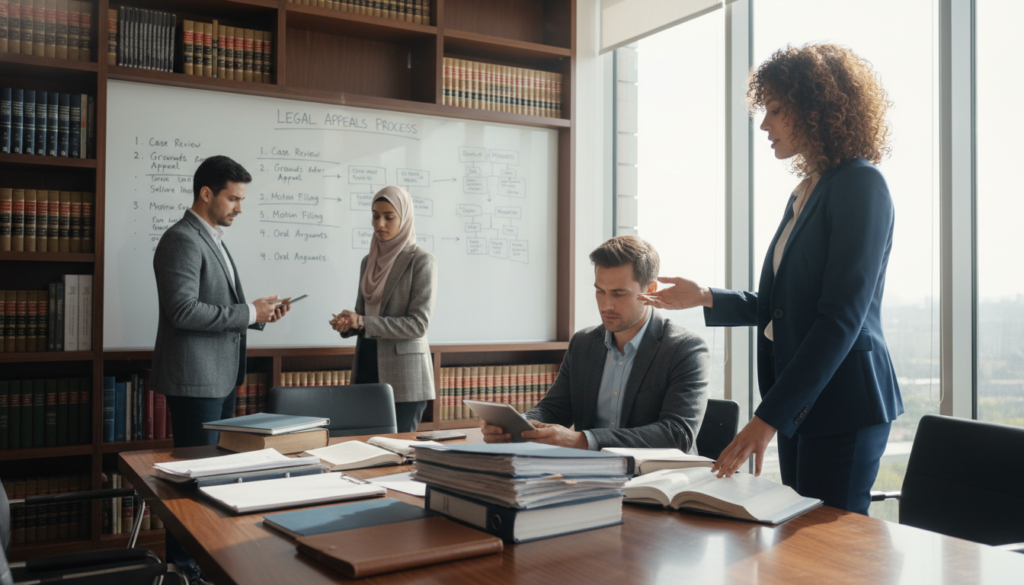 A professional office setting showcasing a diverse group of individuals engaged in a discussion about legal resources. In the foreground, a confident woman in a tailored business suit points to a stack of legal documents on a polished wooden table, while a thoughtful man in a smart blazer reviews notes on a tablet. In the middle ground, a large, whiteboard is filled with organized bullet points and flowcharts, illustrating steps to prepare legal appeals. The background features bookshelves filled with legal books and a large window allowing soft natural light to stream in, creating an atmosphere of collaboration and focus. The scene conveys determination, professionalism, and a proactive approach to navigating legal challenges, captured from a slightly elevated perspective for a comprehensive view.