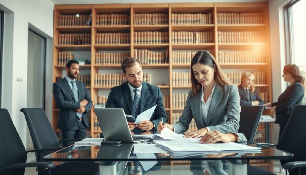 A professional office setting showcasing a diverse group of lawyers in business attire discussing sanctions processes. In the foreground, a male lawyer and a female lawyer are analyzing legal documents on a modern glass table, with a laptop open, reflecting their serious focus. The middle layer features a large bookshelf with legal tomes and regulations displayed, symbolizing expertise. In the background, a large window allows soft, natural light to illuminate the space, creating a bright and optimistic atmosphere. The overall mood is one of professionalism and seriousness, capturing the essence of legal consultancy and specialized services relating to sanction processes. The angle should be slightly from above, providing a comprehensive view of the lawyers and their environment.