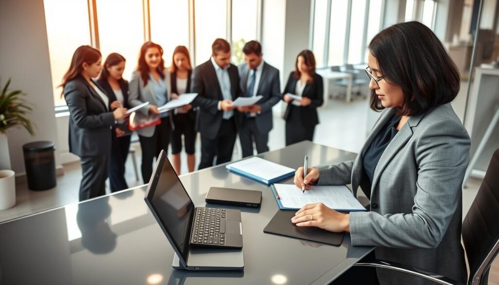 A professional office setting showcasing the "Registro Único de Proponentes" process. In the foreground, a confident businesswoman in a smart blazer is filling out forms at a sleek desk, surrounded by high-tech digital devices. In the middle ground, a diverse group of professionals, dressed in business attire, engage in a collaborative discussion, reviewing contracts and documents related to state vendor registration. The background features a modern, well-lit office with large windows, allowing soft, natural light to illuminate the space. The overall mood is focused and purposeful, exuding professionalism and collaboration. The camera angle is slightly elevated, capturing both the action at the desk and the collaborative environment in the office.