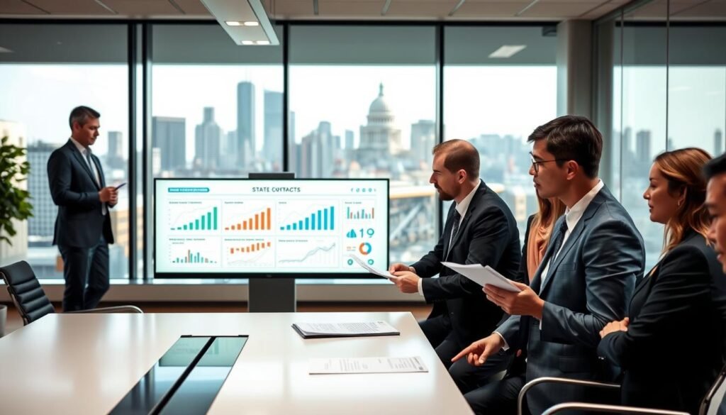 A professional scene depicting the processes and strategies involved in state contracting and bidding. In the foreground, a diverse group of business professionals in smart attire are gathered around a sleek, modern conference table, reviewing documents and engaging in discussion. The middle ground features a large digital display showing charts and graphs related to public procurement. In the background, a large window allows natural light to flood the room, revealing a cityscape that signifies government buildings. The mood is focused and collaborative, highlighting the importance of legal expertise in state contracts. The lighting is bright but soft, showcasing a clean, contemporary office environment.