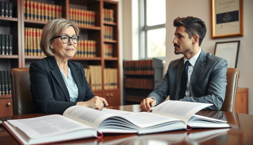 A professional setting depicting a personal advisory session about conflict of interest in public contracting. In the foreground, show a well-dressed legal advisor, a middle-aged woman with glasses, who is sitting at a polished wooden desk with open legal books and documents spread out. She is engaged in a discussion with a young male public official, dressed in business attire, who looks attentive and contemplative. In the middle ground, a window with soft natural light filters in, illuminating the room, suggesting a calm and serious atmosphere. Behind them, shelves filled with law books and a framed certificate on the wall indicate expertise. The scene should evoke a sense of professionalism, trust, and thoughtful exchange of ideas. A professional setting depicting a personal advisory session about conflict of interest in public contracting. In the foreground, show a well-dressed legal advisor, a middle-aged woman with glasses, who is sitting at a polished wooden desk with open legal books and documents spread out. She is engaged in a discussion with a young male public official, dressed in business attire, who looks attentive and contemplative. In the middle ground, a window with soft natural light filters in, illuminating the room, suggesting a calm and serious atmosphere. Behind them, shelves filled with law books and a framed certificate on the wall indicate expertise. The scene should evoke a sense of professionalism, trust, and thoughtful exchange of ideas.