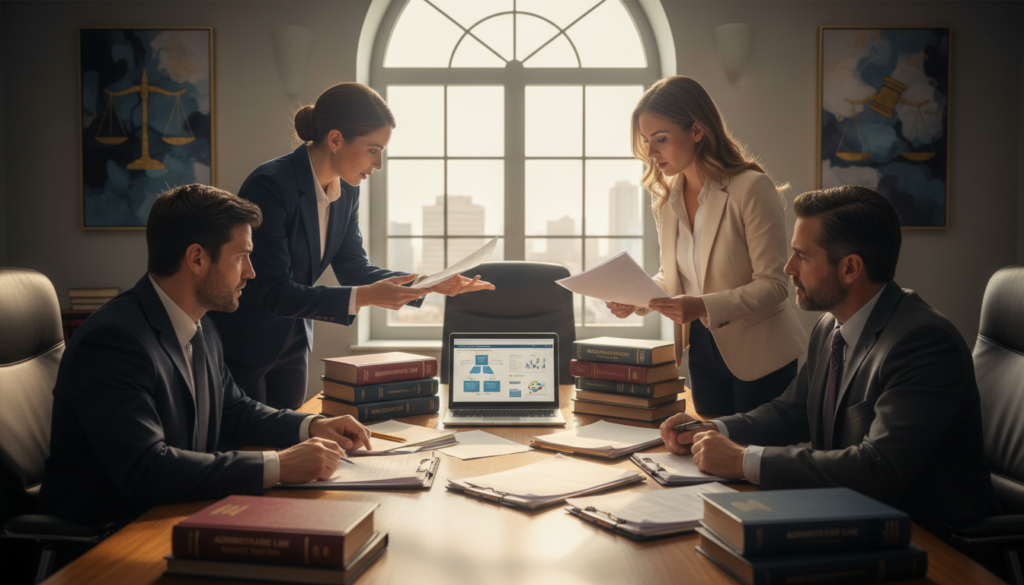 A professional setting depicting lawyers engaged in an intense discussion about public servants' defense strategies against regulatory bodies. In the foreground, two male and two female lawyers in professional business attire are exchanging documents and notes, showcasing determination and focus. In the middle ground, a large conference table is cluttered with legal papers, books, and a laptop, symbolizing the complexity of administrative law. The background features a large window letting in soft, natural light, casting a warm yet serious atmosphere over the scene. The room's decor is modern, with subtle artwork representing justice and legal themes. Capture the mood of strategic preparation and professionalism, emphasizing teamwork and commitment to advocacy.