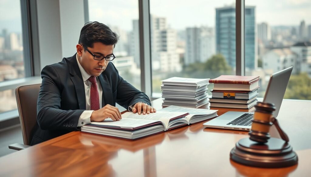 A professional setting depicting the concept of administrative sanctioning law in Colombia. In the foreground, a well-dressed lawyer in formal attire, a mid-thirties Hispanic man, intensely focused on studying legal documents at a polished wooden desk piled with case files and a laptop. In the middle, stacks of law books with a visible Colombian flag, symbolizing legal authority. The background features a well-lit office with a large window showing a cityscape, highlighting the dynamic nature of the legal profession. Soft, natural lighting illuminates the scene, creating a serious yet hopeful atmosphere. The composition captures the essence of the legal process, emphasizing professionalism and dedication in a smooth, organized manner.