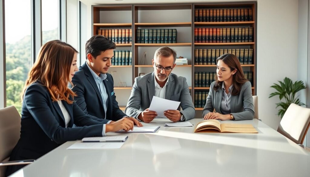 A professional team of advisors in Colombia, gathered around a modern conference table in a bright, well-lit office space. In the foreground, there are three individuals: a female lawyer in a smart navy blue suit, a male advisor in a gray blazer, and a female consultant wearing a professional blouse, all engaged in a discussion while examining documents. The middle ground features a large window showing a lush green landscape typical of Colombian scenery. In the background, a sleek bookshelf filled with legal books and certificates conveys expertise. Soft, natural lighting filters through the window, creating a warm and inviting atmosphere. The overall mood is focused, professional, and collaborative, emphasizing personalized legal advice and teamwork.