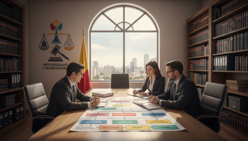 A professional workspace depicting the concept of "administrative sanctioning procedures" in Colombia. In the foreground, a diverse group of three individuals in professional business attire, studying a complex flowchart on a wooden conference table. The middle ground features a large window with soft natural light illuminating the room, casting gentle shadows. On the wall, a visual representation of the principles of proportionality and reasonableness, featuring balanced scales and abstract legal symbols. In the background, bookshelves filled with legal books and documents, hinting at a serious and focused atmosphere. The overall mood is analytical and purposeful, with a touch of professionalism and collaboration in the air. A professional workspace depicting the concept of "administrative sanctioning procedures" in Colombia. In the foreground, a diverse group of three individuals in professional business attire, studying a complex flowchart on a wooden conference table. The middle ground features a large window with soft natural light illuminating the room, casting gentle shadows. On the wall, a visual representation of the principles of proportionality and reasonableness, featuring balanced scales and abstract legal symbols. In the background, bookshelves filled with legal books and documents, hinting at a serious and focused atmosphere. The overall mood is analytical and purposeful, with a touch of professionalism and collaboration in the air.