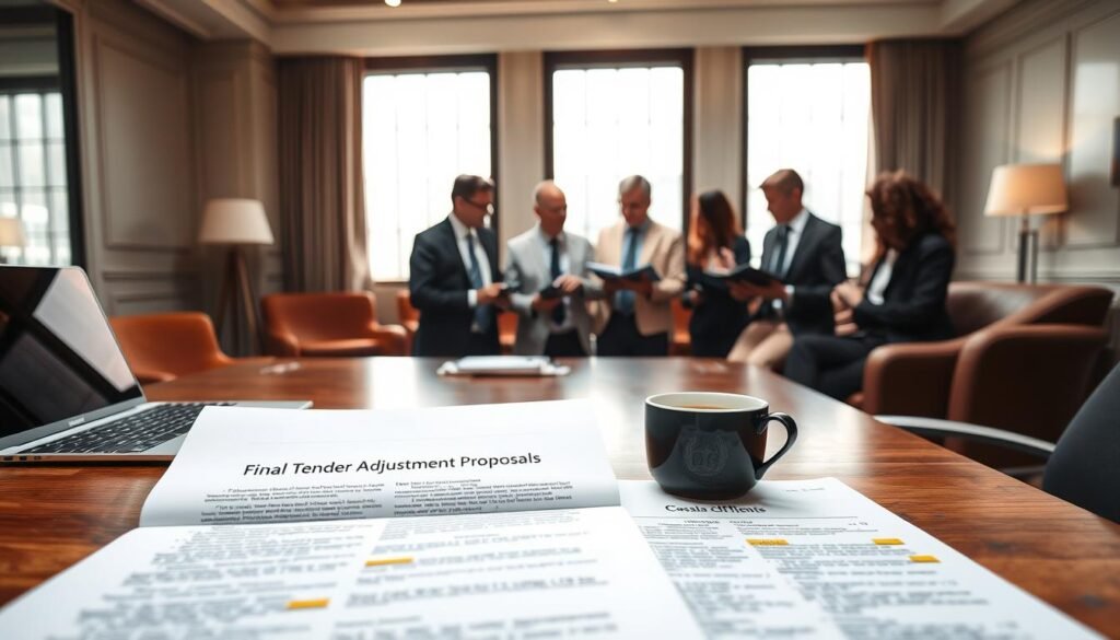 A professional workspace featuring an open document labeled "Final Tender Adjustment Proposals" on a sleek wooden desk. In the foreground, a pair of well-documented proposals and highlighted notes are scattered amidst a laptop and a cup of coffee, conveying a sense of thorough preparation. In the middle ground, a diverse group of professionals in business attire are engaged in a collaborative discussion, looking at the proposals and making notes. A large window in the background allows natural light to flood the room, creating an inviting atmosphere. The lighting is warm and focused, enhancing the serious and constructive mood of the session. The image captures the essence of teamwork and strategic planning, reflecting the gravity of legal adjustments in tender proposals.