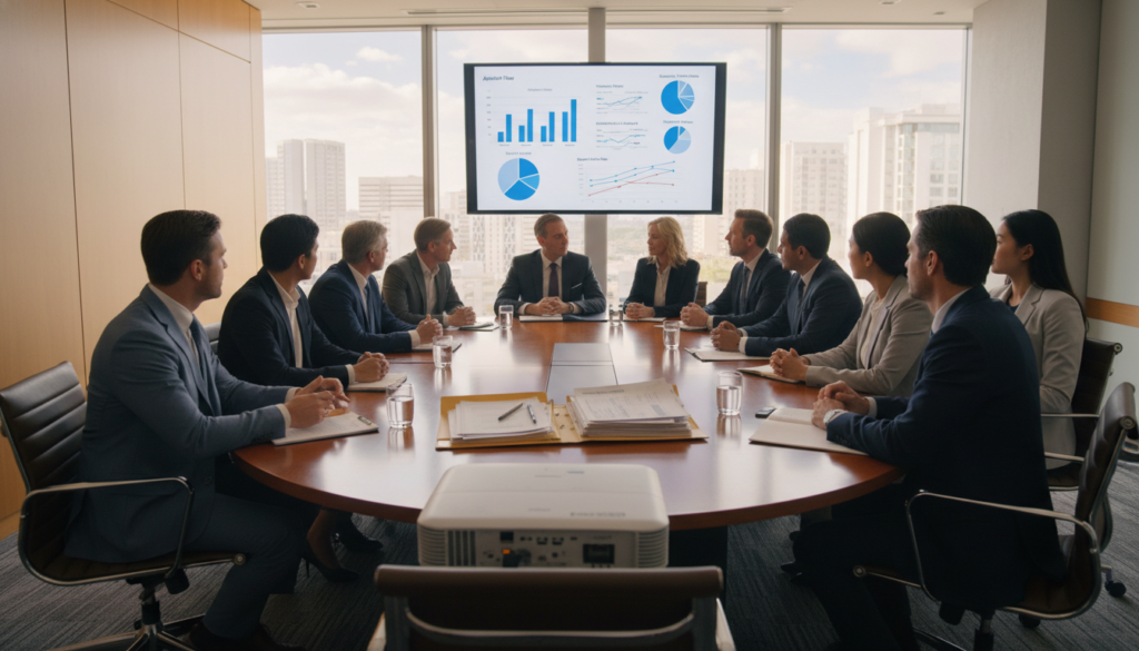 A professionally organized meeting room with a round table at the center, surrounded by individuals in business attire engaged in a discussion. Set the scene with a focus on a diverse group: men and women of varying ages and ethnicities, expressing attentiveness and collaboration. In the foreground, a projector displays charts and graphs relevant to the hiring process. In the middle ground, an open file with hiring documents lies on the table, suggesting a thorough examination of applications. The background features a large window letting in soft, natural light, enhancing the atmosphere of professionalism and transparency. Aim for a warm yet focused mood, captured from an eye-level angle to emphasize engagement and decision-making.