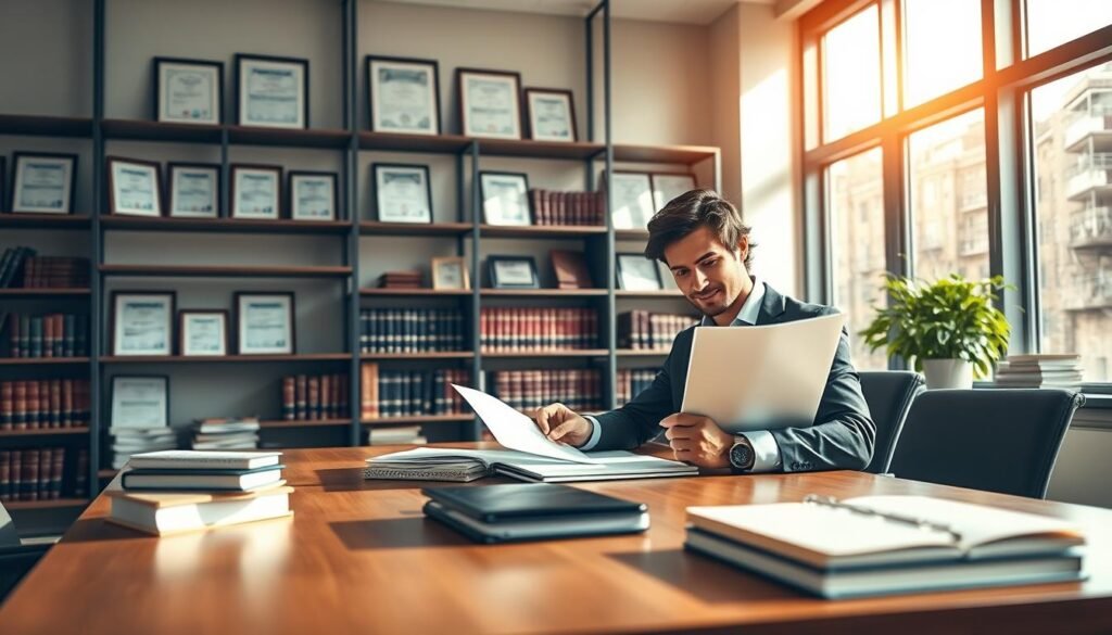 A serene office environment showcasing the essence of administrative law. In the foreground, a confident lawyer in professional business attire is reviewing legal documents at a sleek wooden desk, surrounded by law books and a laptop. The middle ground features shelves filled with framed certificates and legal texts, illustrating the professional expertise in administrative law. In the background, large windows allow natural light to pour in, casting soft shadows and creating an inviting atmosphere. The scene is well-composed with a focus on clarity and professionalism. Warm lighting enhances the mood, emphasizing the importance and relevance of administrative law in legal practice. A serene office environment showcasing the essence of administrative law. In the foreground, a confident lawyer in professional business attire is reviewing legal documents at a sleek wooden desk, surrounded by law books and a laptop. The middle ground features shelves filled with framed certificates and legal texts, illustrating the professional expertise in administrative law. In the background, large windows allow natural light to pour in, casting soft shadows and creating an inviting atmosphere. The scene is well-composed with a focus on clarity and professionalism. Warm lighting enhances the mood, emphasizing the importance and relevance of administrative law in legal practice.