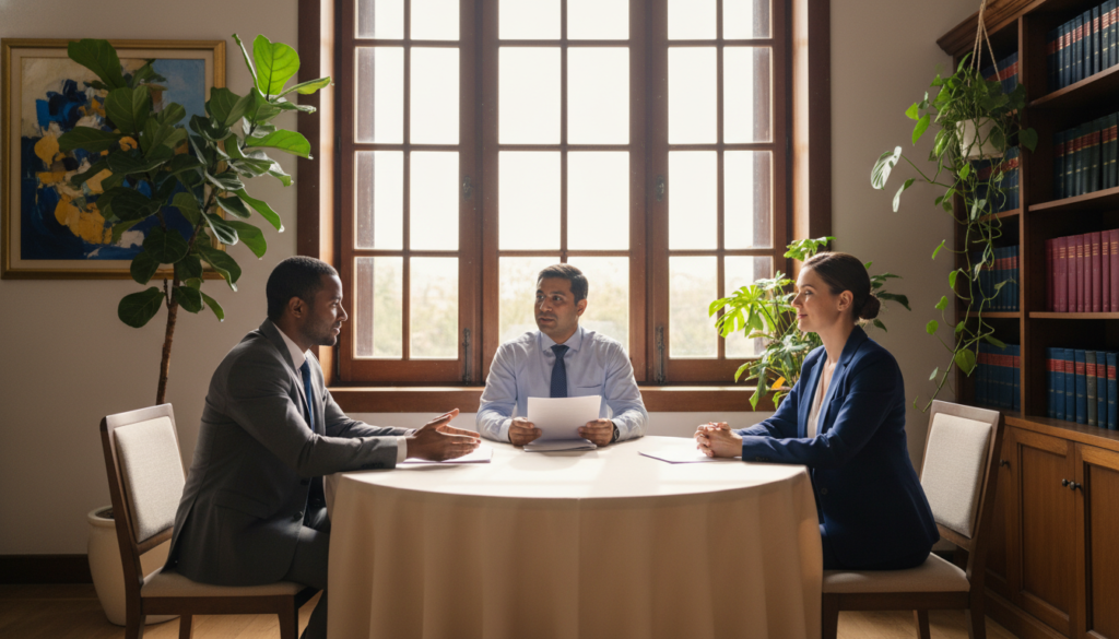 A serene, professional setting depicting an "extrajudicial conciliation" scene. In the foreground, a round wooden table with a neutral-colored tablecloth, surrounded by a diverse group of three individuals engaged in a calm discussion. They are dressed in professional business attire, displaying a respectful and conciliatory demeanor. In the middle ground, a large window allows soft, natural light to filter in, creating a warm atmosphere. Plant life adorns the corners, and a framed abstract artwork hangs on the wall, enhancing the ambiance. The background features a shelf filled with legal books, signifying a thoughtful approach to conflict resolution. The overall mood is one of collaboration and understanding, captured from a slightly elevated angle to give a comprehensive view of the scene.