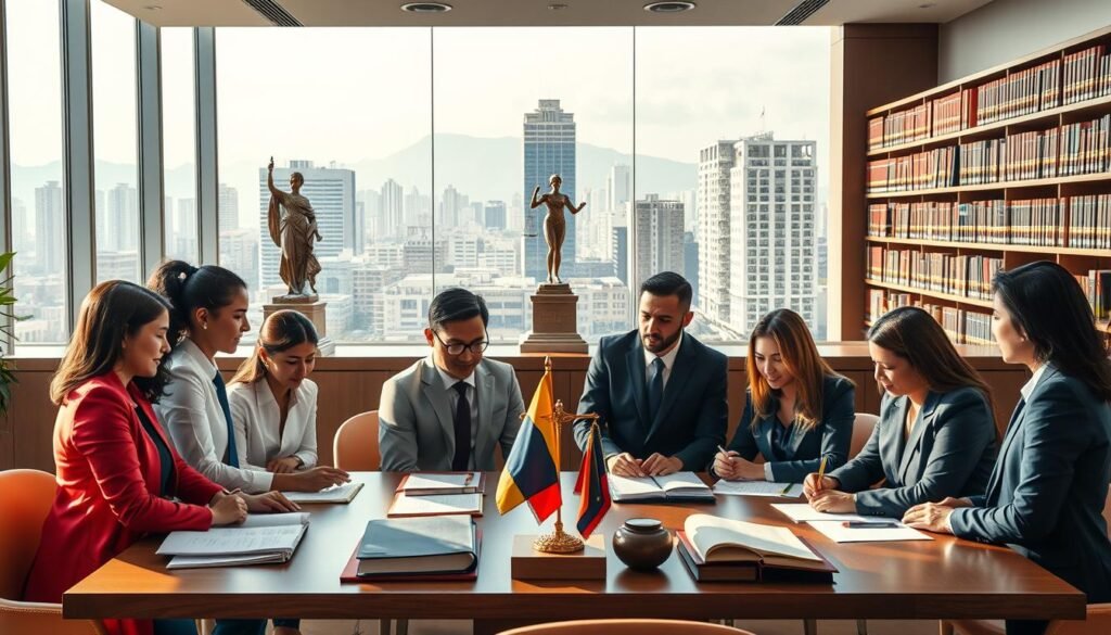 A vibrant and educational scene illustrating the importance of administrative law in Colombia. In the foreground, a group of diverse professionals in business attire engaged in a discussion around a large table, with legal documents and a Colombian flag prominently displayed. In the middle ground, a library filled with law books and statues representing justice, symbolizing the foundation of administrative law. In the background, a cityscape view of Bogotá’s modern buildings, reflecting growth and development facilitated by effective governance. The lighting is bright and inviting, creating an atmosphere of collaboration and seriousness. Captured from a slight high angle, this composition conveys the significant role of administrative law in shaping society. A vibrant and educational scene illustrating the importance of administrative law in Colombia. In the foreground, a group of diverse professionals in business attire engaged in a discussion around a large table, with legal documents and a Colombian flag prominently displayed. In the middle ground, a library filled with law books and statues representing justice, symbolizing the foundation of administrative law. In the background, a cityscape view of Bogotá’s modern buildings, reflecting growth and development facilitated by effective governance. The lighting is bright and inviting, creating an atmosphere of collaboration and seriousness. Captured from a slight high angle, this composition conveys the significant role of administrative law in shaping society.