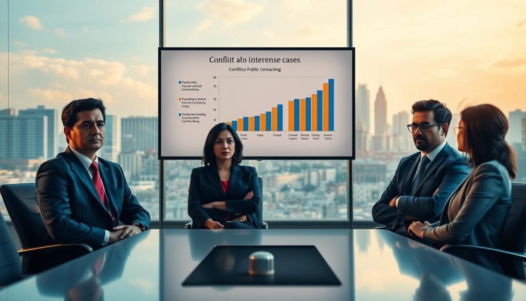 A vibrant, professional setting depicting a boardroom in Colombia where public officials and contractors are engaged in a discussion about conflict of interest cases. In the foreground, a diverse group of three individuals, dressed in formal business attire, are seated around a sleek conference table, showing various expressions of concern and contemplation. In the middle ground, a large wall-mounted screen displays a graph highlighting case studies related to public contracting. The background features a large window with a view of Bogotá’s skyline, capturing both modern and historical architecture, bathed in warm, natural lighting, symbolizing hope and resolution. The atmosphere is tense yet collaborative, reflecting the seriousness of navigating conflicts of interest in public procurement. A vibrant, professional setting depicting a boardroom in Colombia where public officials and contractors are engaged in a discussion about conflict of interest cases. In the foreground, a diverse group of three individuals, dressed in formal business attire, are seated around a sleek conference table, showing various expressions of concern and contemplation. In the middle ground, a large wall-mounted screen displays a graph highlighting case studies related to public contracting. The background features a large window with a view of Bogotá’s skyline, capturing both modern and historical architecture, bathed in warm, natural lighting, symbolizing hope and resolution. The atmosphere is tense yet collaborative, reflecting the seriousness of navigating conflicts of interest in public procurement.